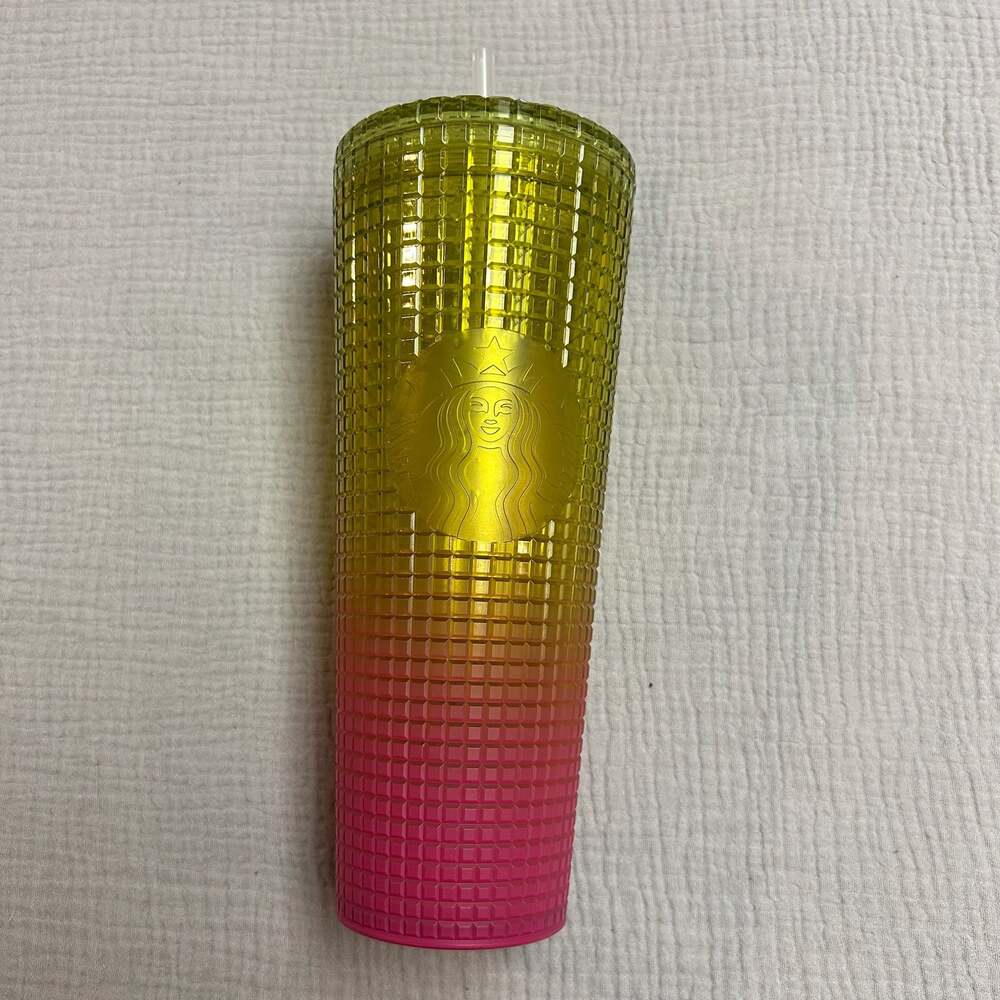 Starbucks 2022 Summer Yellow to Pink Ombre Grid Venti Cold Cup Tumbler 24oz